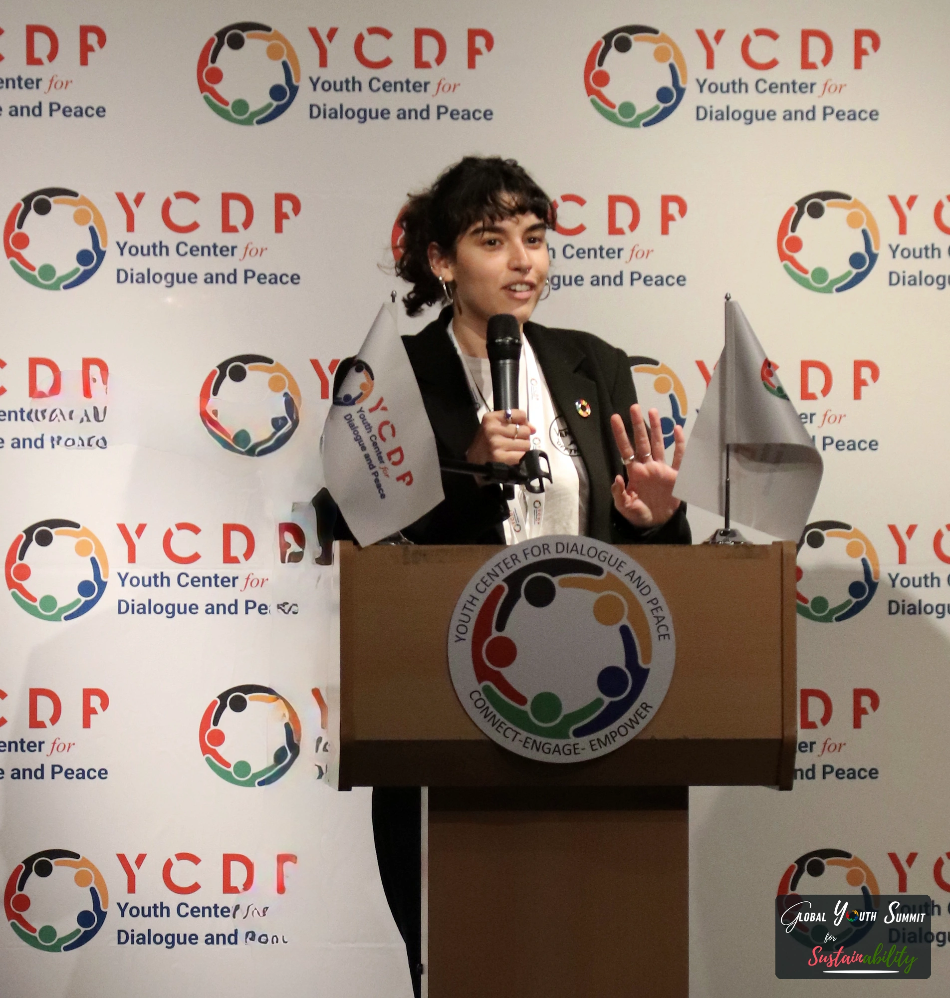 Delegate presenting a youth solution at the podium