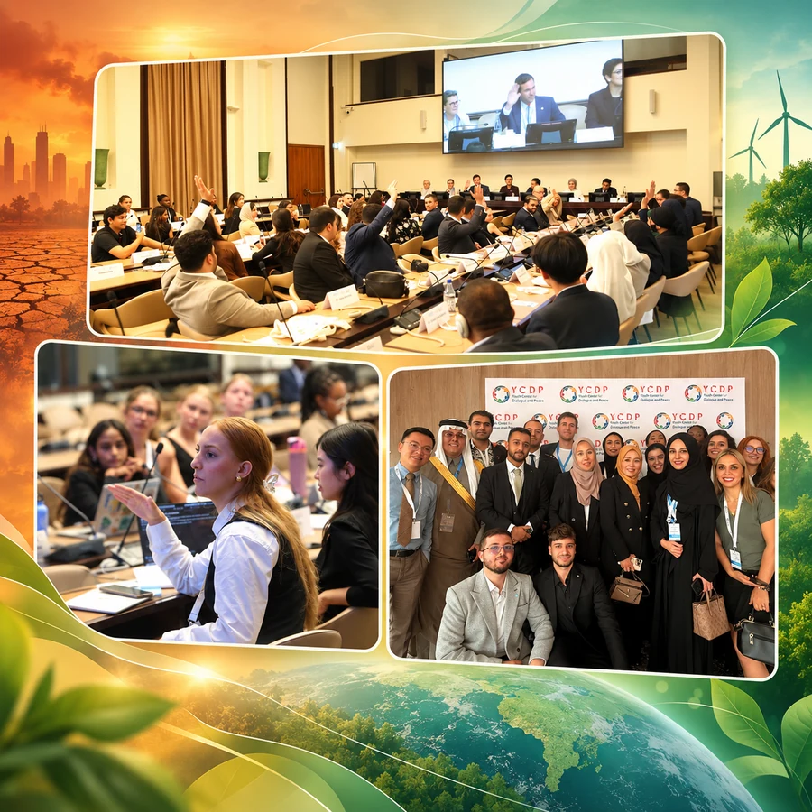 Young delegates debating in plenary, working in sessions and posing together at a YCDP youth summit